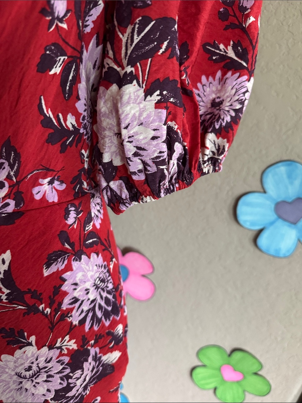 NWT Anthropologie Red Floral Puff-Sleeve Dress SZ SM pit2pit17”waist 16” L 56” - Picture 11 of 15